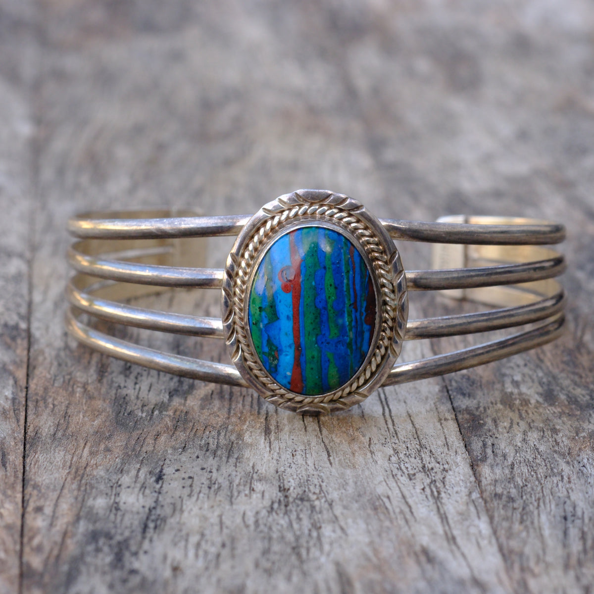 Vintage Sterling Rainbow Calsillica Cuff Bracelet