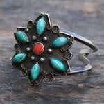 Chunky Vintage Sterling Turquoise and Coral Cluster Cuff