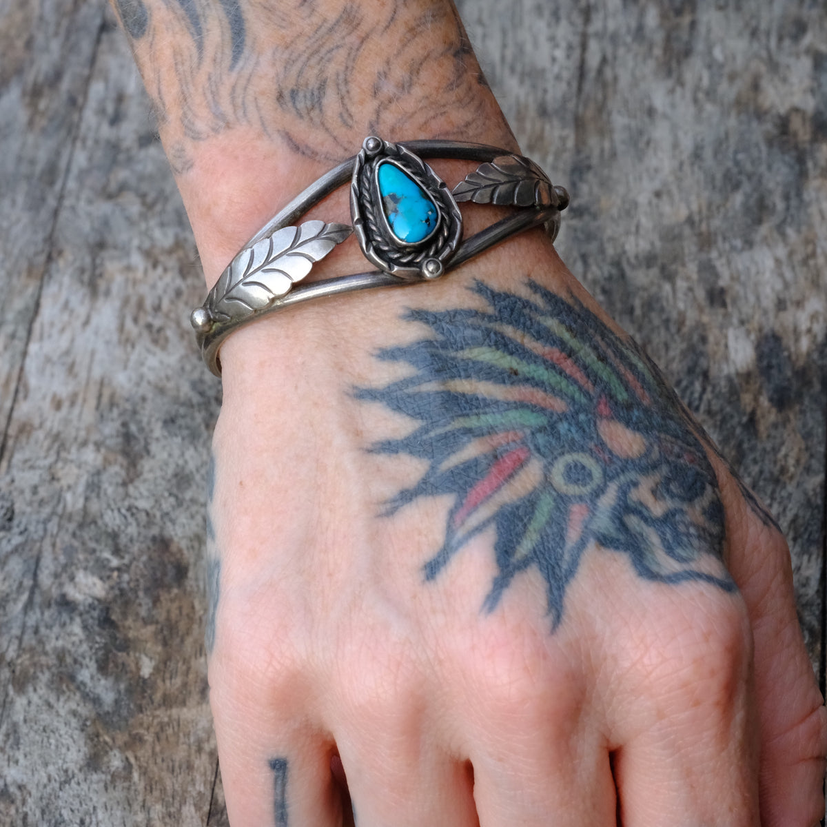 Vintage Sterling Turquoise Feather Cuff Bracelet