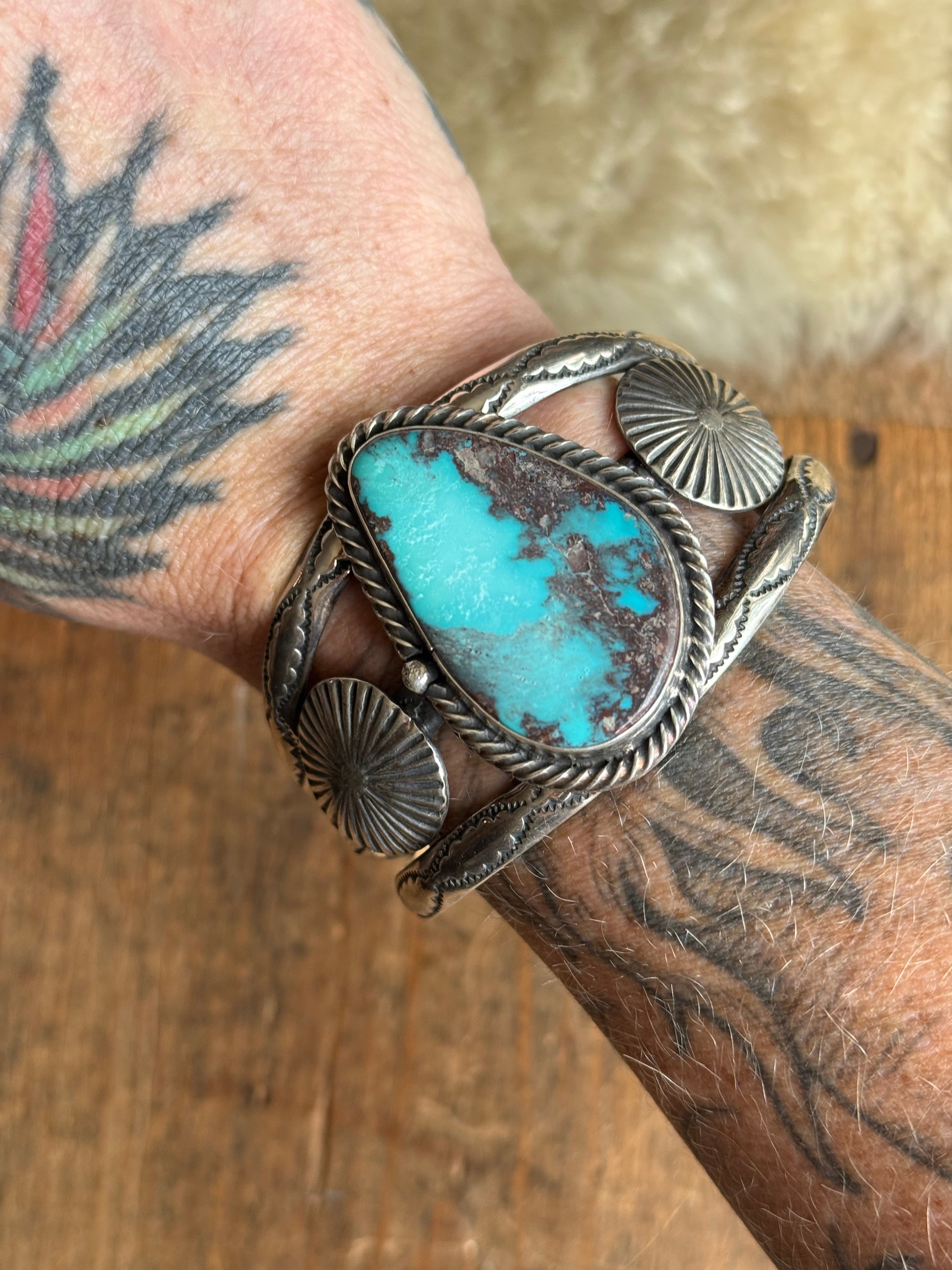 Vintage Sterling Silver Stamped Turquoise Sun Coin Cuff