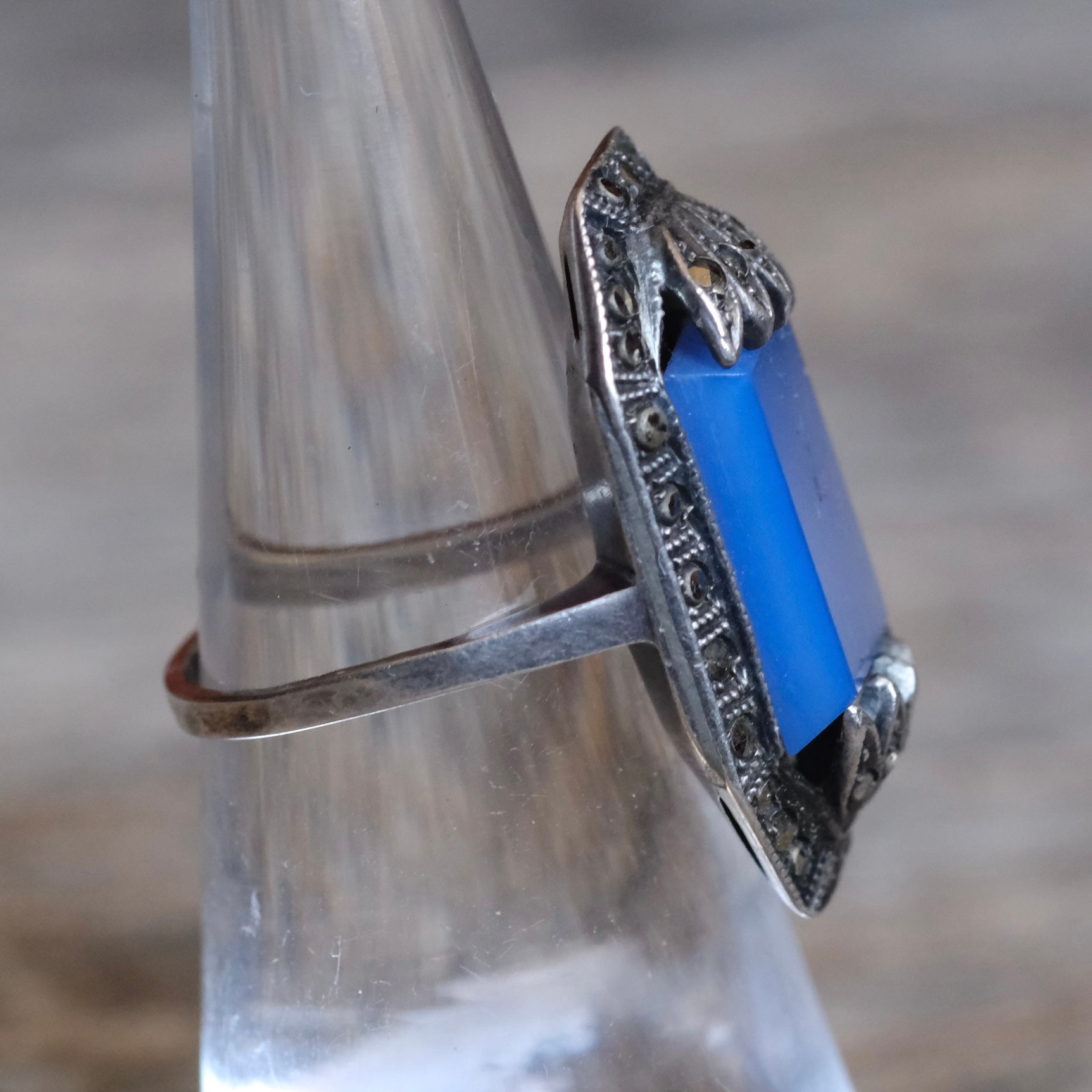 Vintage Sterling Blue Glass and Marcasite Deco Ring 4.75