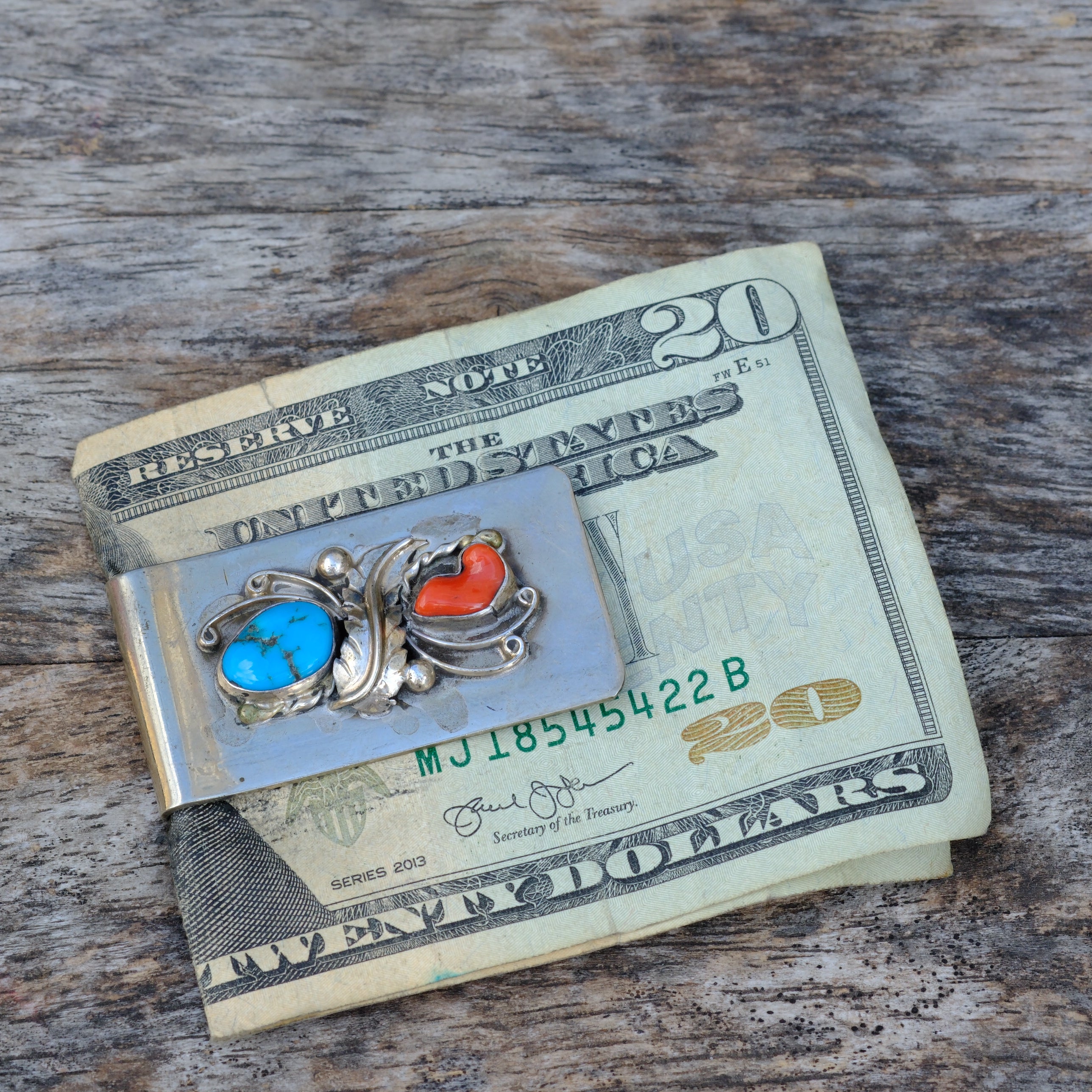 Vintage Turquoise and Coral Feather Money Clip