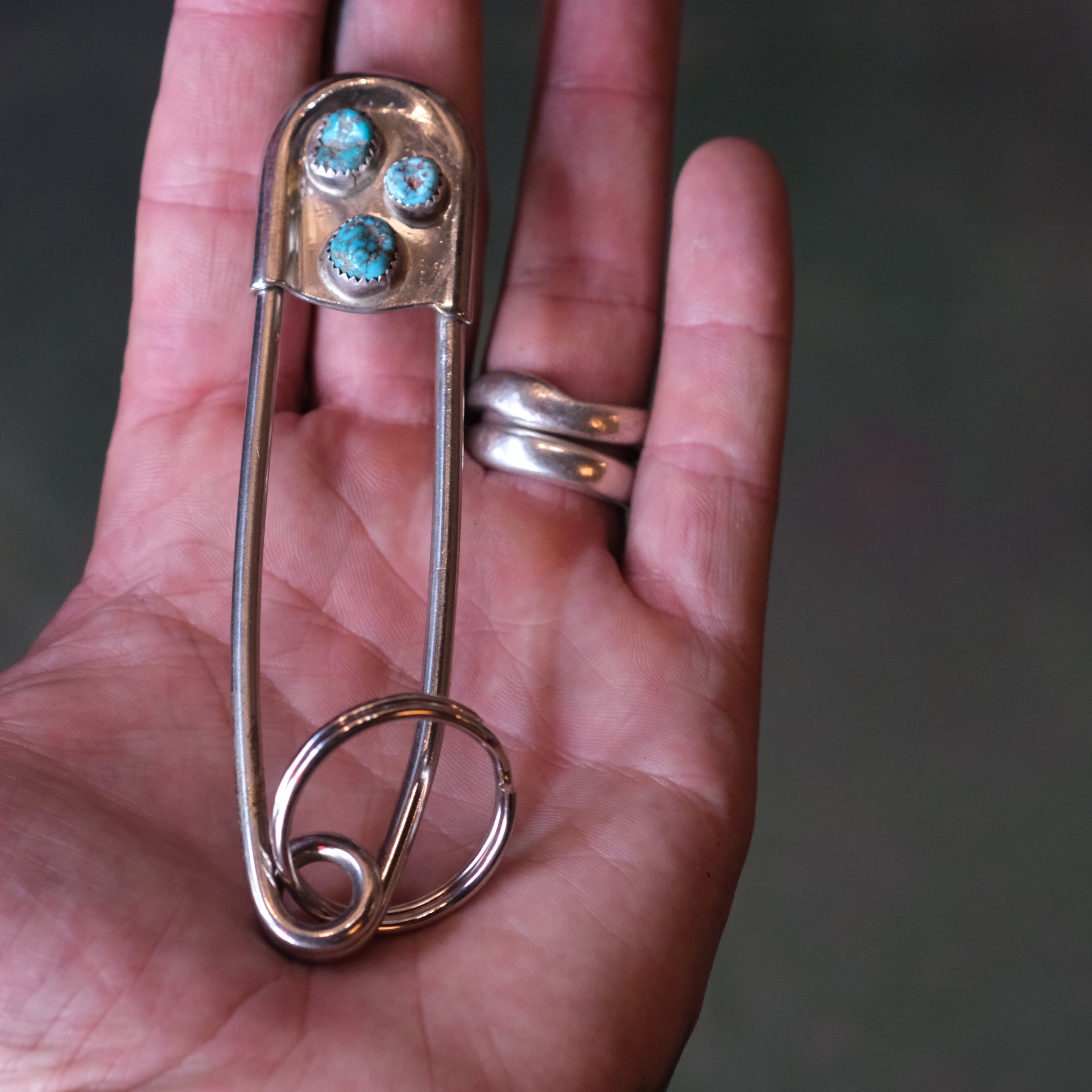 Vintage 3-Stone Turquoise Safety Pin Keychain 4"