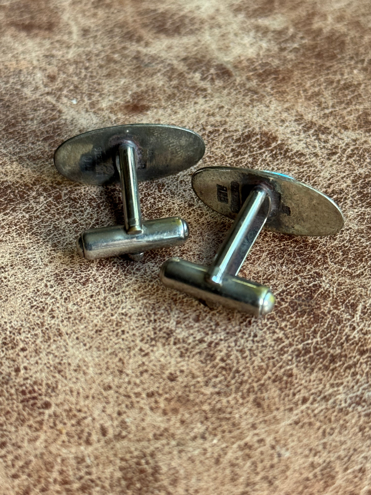 Vintage Sterling Silver Stamped Turquoise Shadowbox Cufflinks