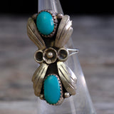 Vintage Sterling 2-Stone Turquoise Feather Ring 4.5