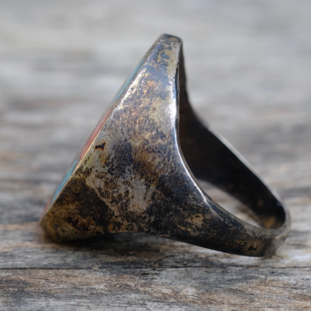 Vintage Sterling Turquoise and Coral Inlay Ring 11.75