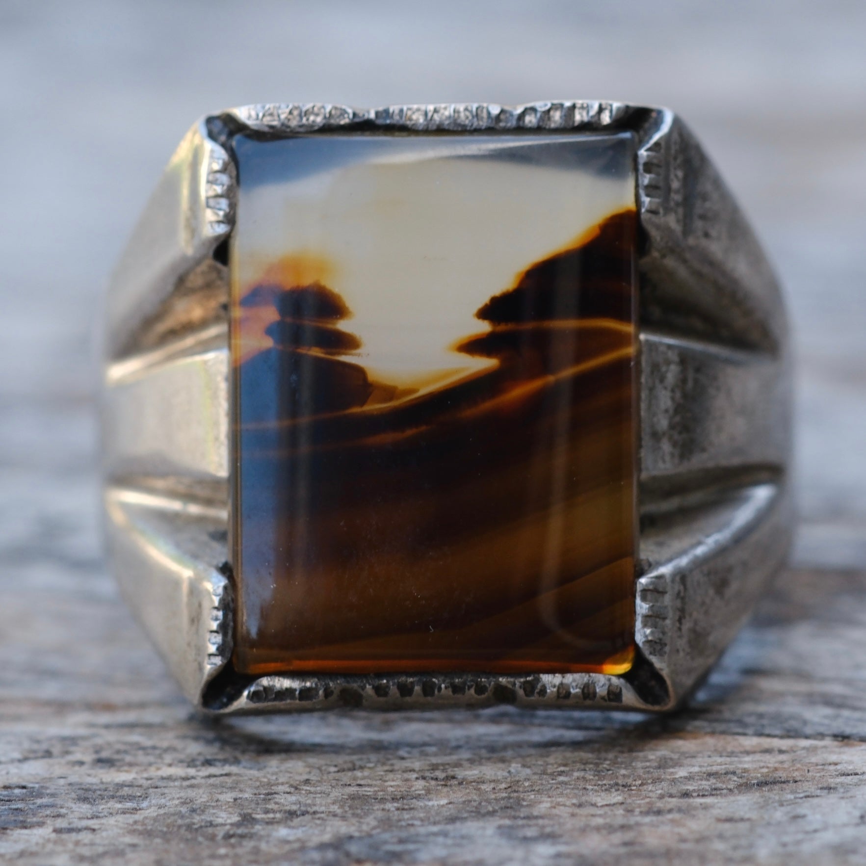 Vintage Sterling Agate Signet Ring 14
