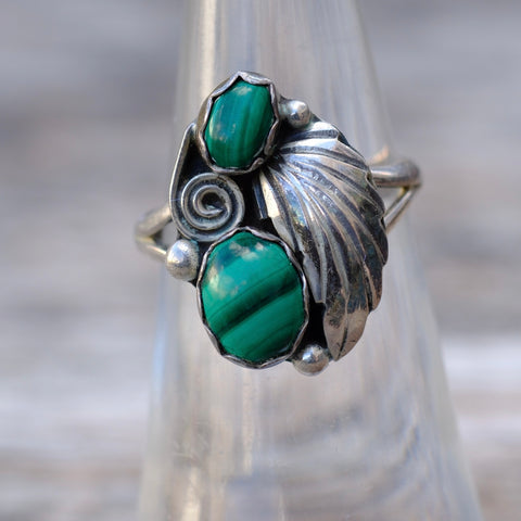 Vintage Sterling 2-Stone Malachite Feather Ring 5.5