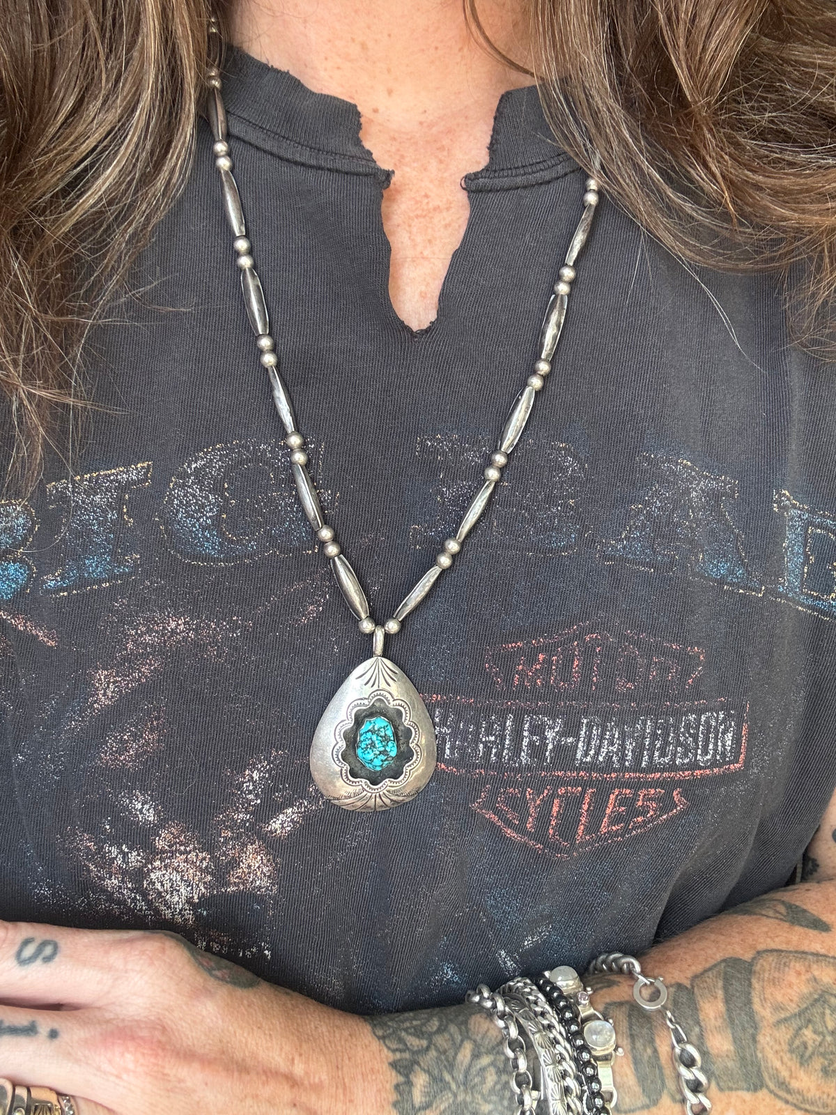 Vintage Sterling Silver Stamped Raw Turquoise Shadowbox Necklace