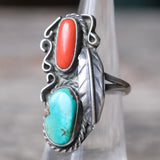 Vintage Sterling Turquoise and Coral Feather Ring 5.25