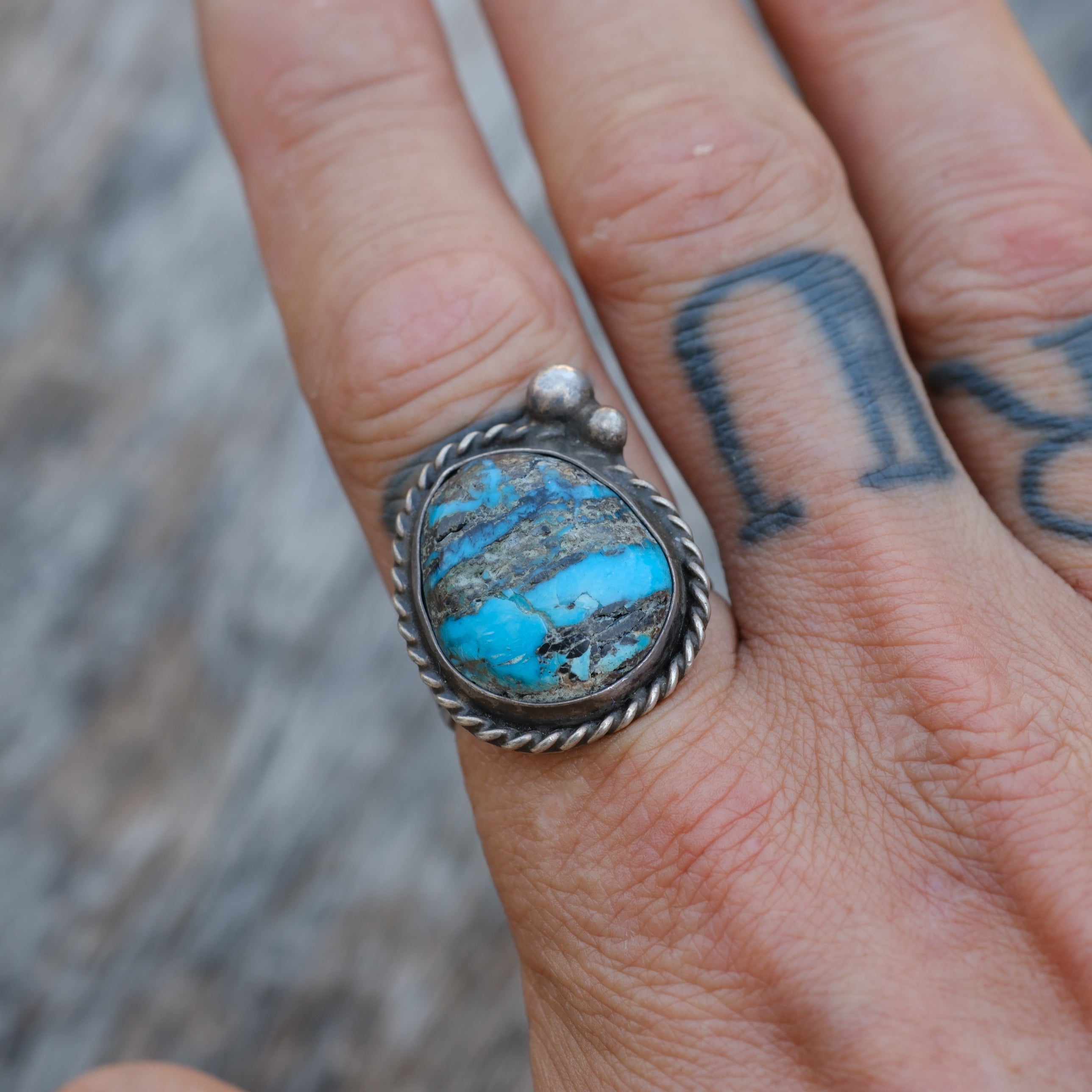 Vintage Sterling Turquoise Roper Ring 10.25