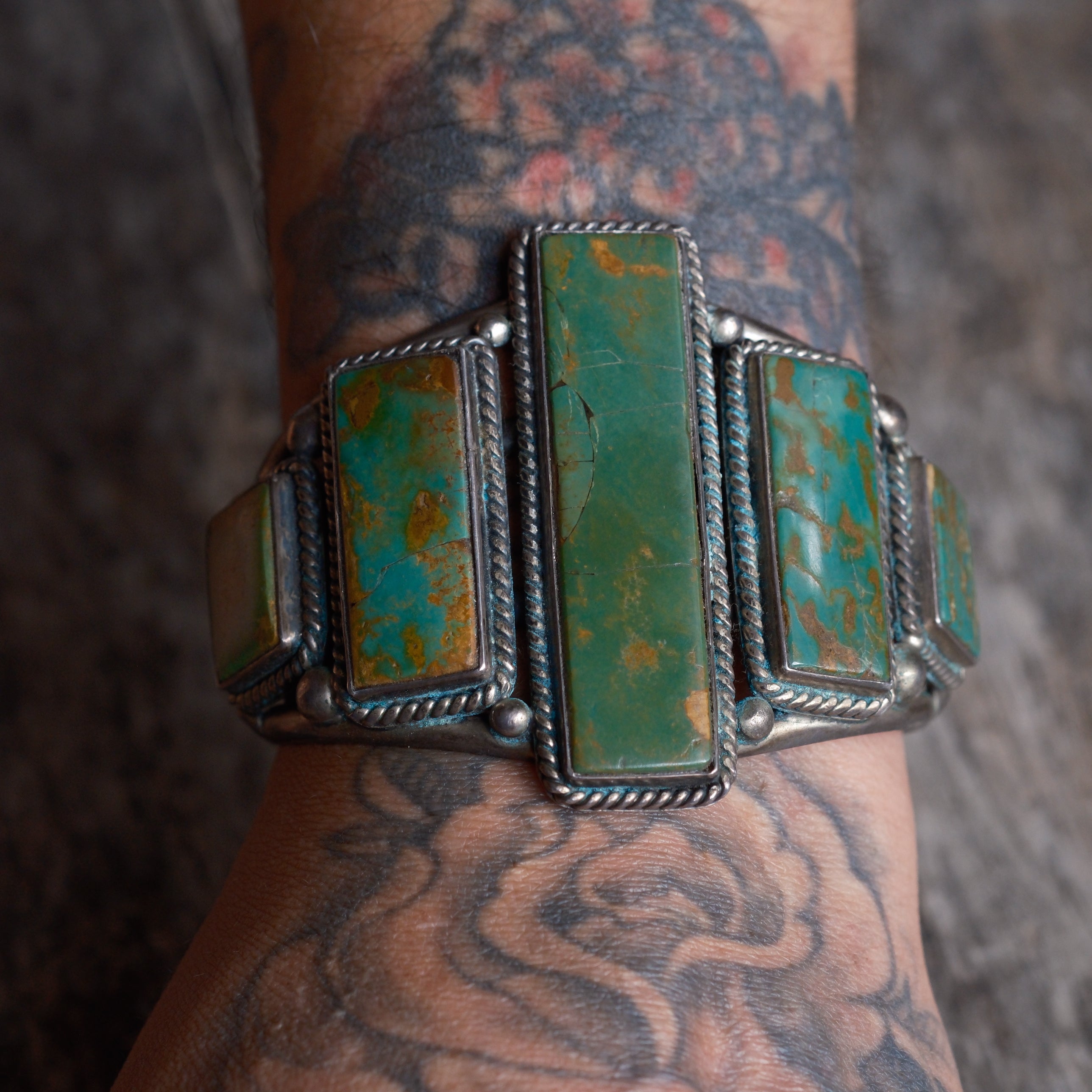 Massive Vintage Sterling 5-Stone Turquoise Roper Cuff Bracelet