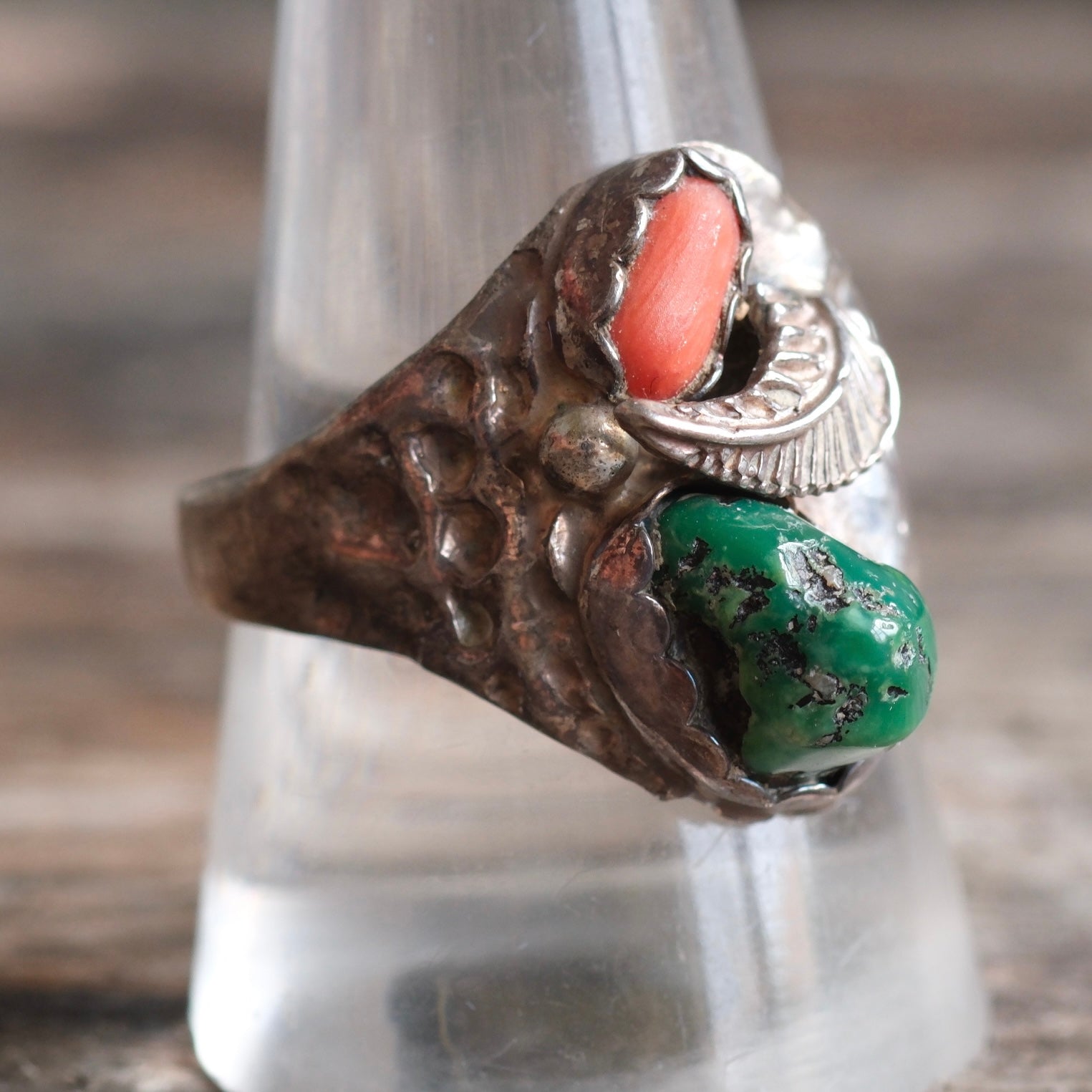 Vintage Sterling Turquoise and Coral Feather Ring 10
