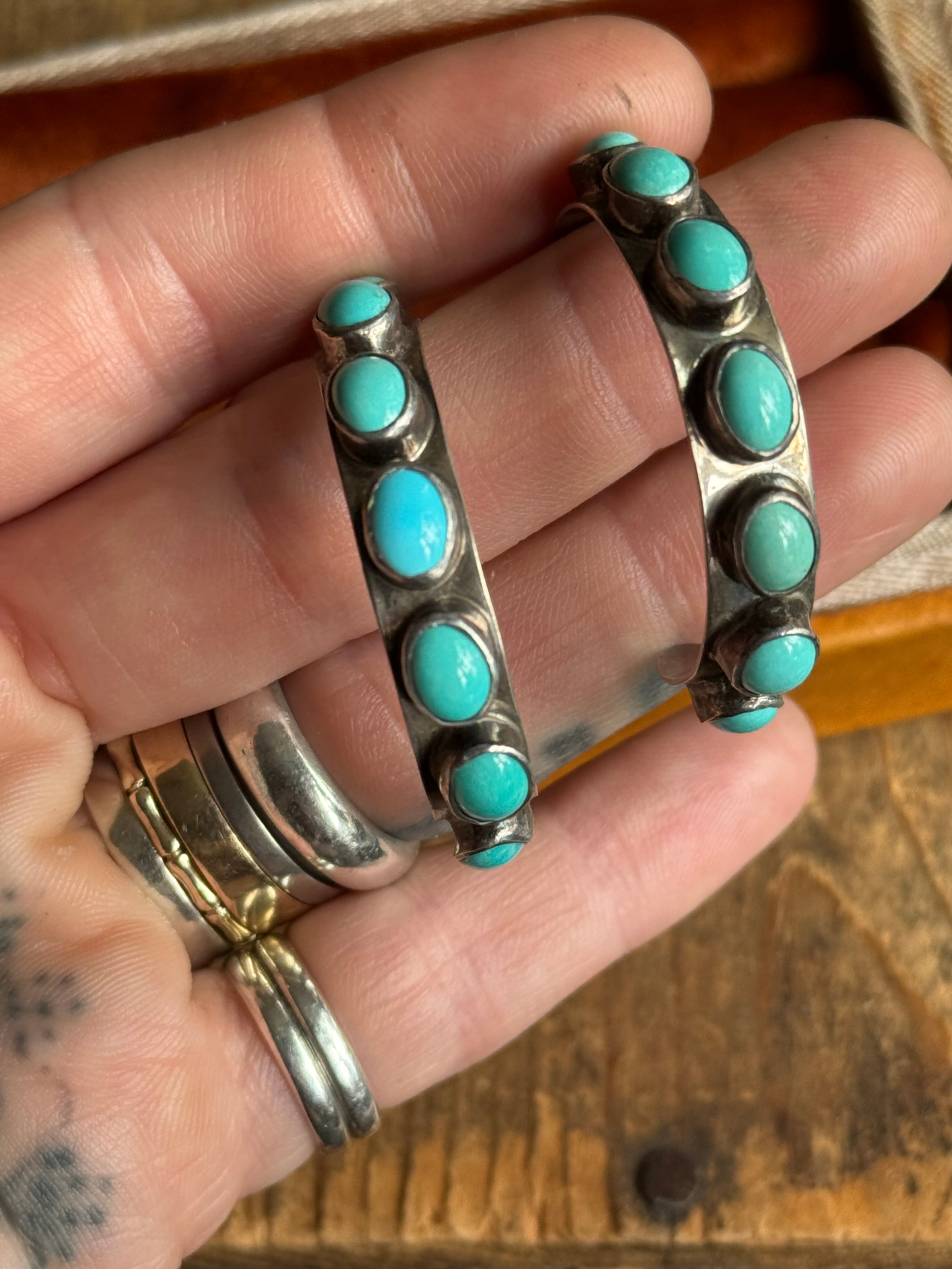Vintage Sterling Silver Turquoise Hoops