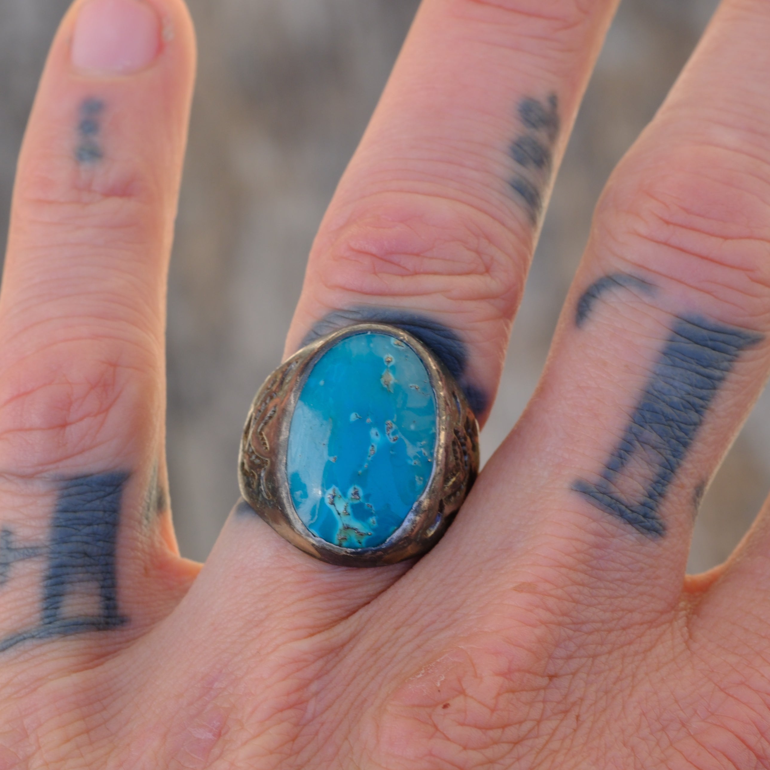 Vintage Sterling Turquoise Stamped V Bells Trading Post Ring 8.75