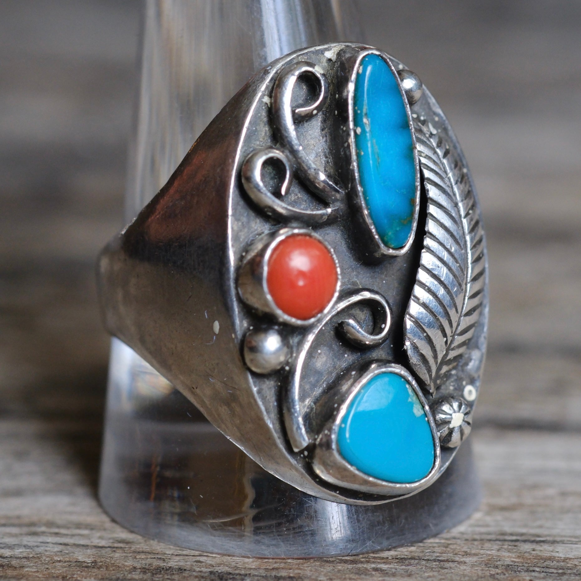 Vintage Sterling Turquoise and Coral Feather Ring 12