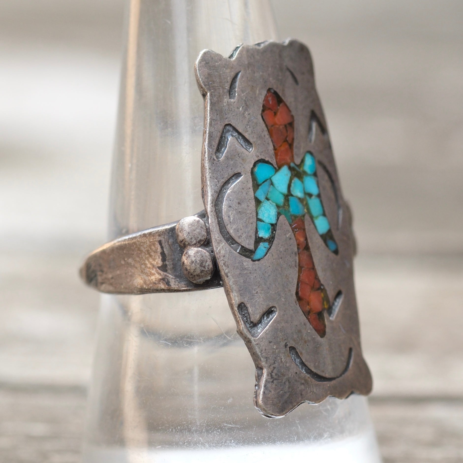 Vintage Sterling Turquoise and Coral Thunderbird Ring 8.75
