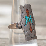 Vintage Sterling Turquoise and Coral Thunderbird Ring 8.75