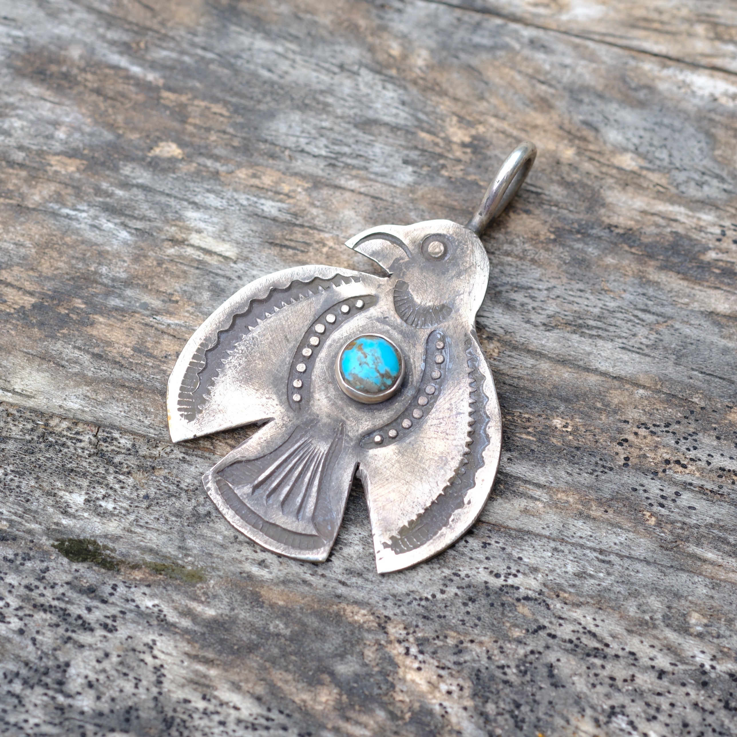 Sterling Silver Stamped Turquoise Thunderbird Necklace
