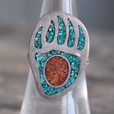 Vintage Sterling Turquoise and Coral Bear Paw Ring 6.75