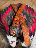 Vintage Hand Tooled Brown Leather ‘JERRY’ Belt with Stag Belt Buckle
