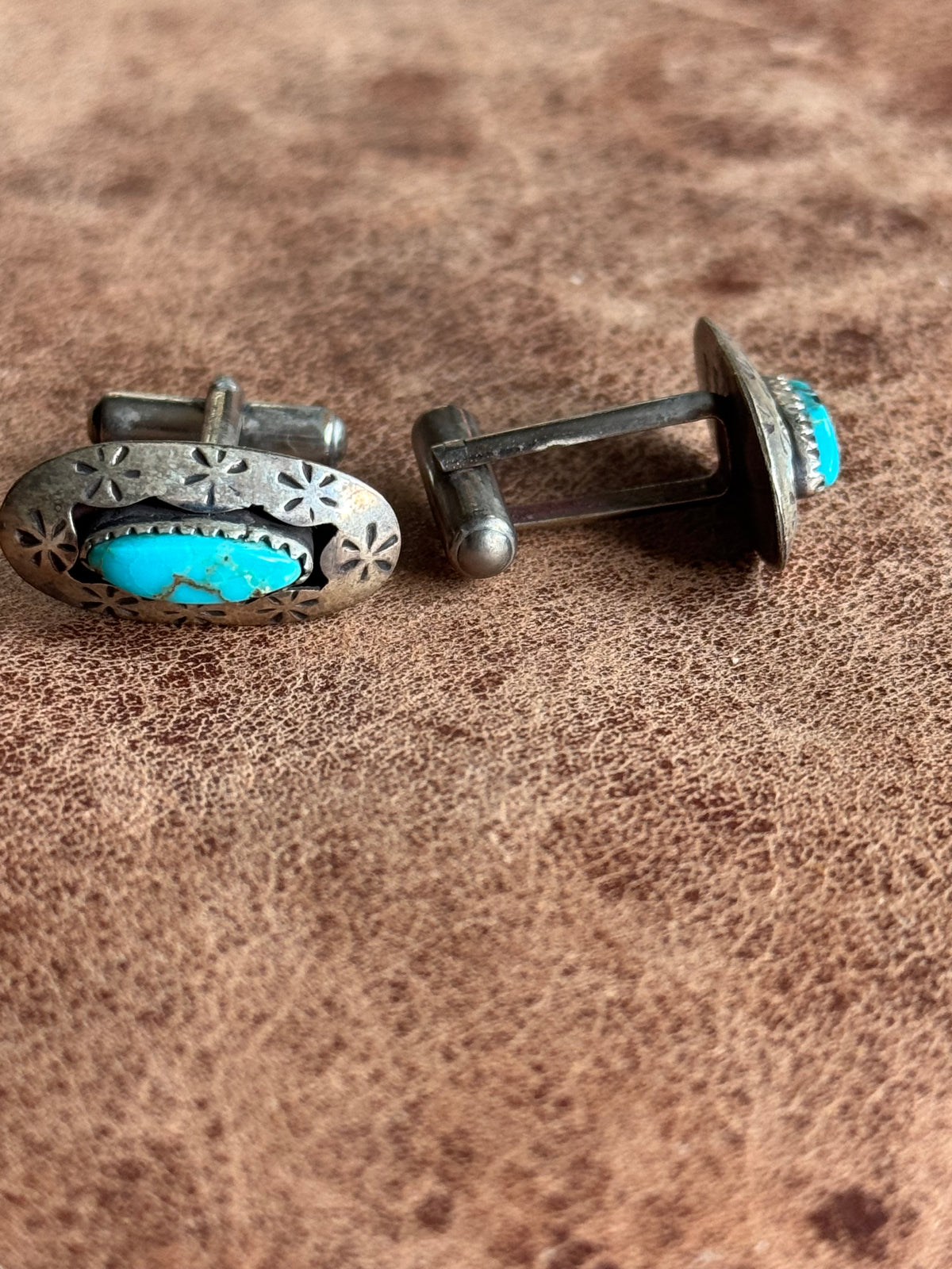 Vintage Sterling Silver Stamped Turquoise Shadowbox Cufflinks