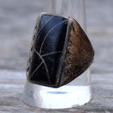 Vintage Sterling Onyx Inlay Ribbed Band Ring 10.5