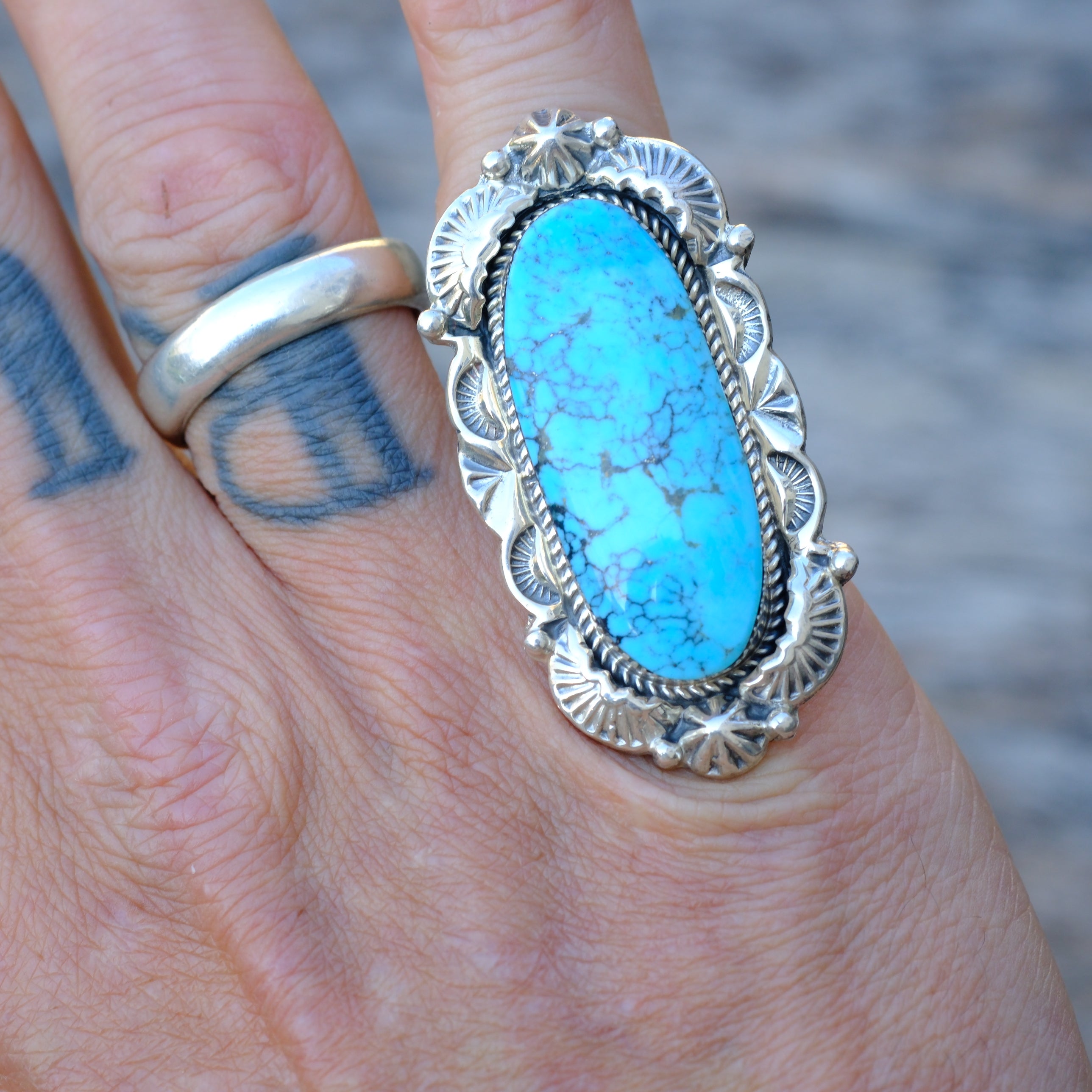 Huge Sterling Silver Turquoise Running Bear Ring 6
