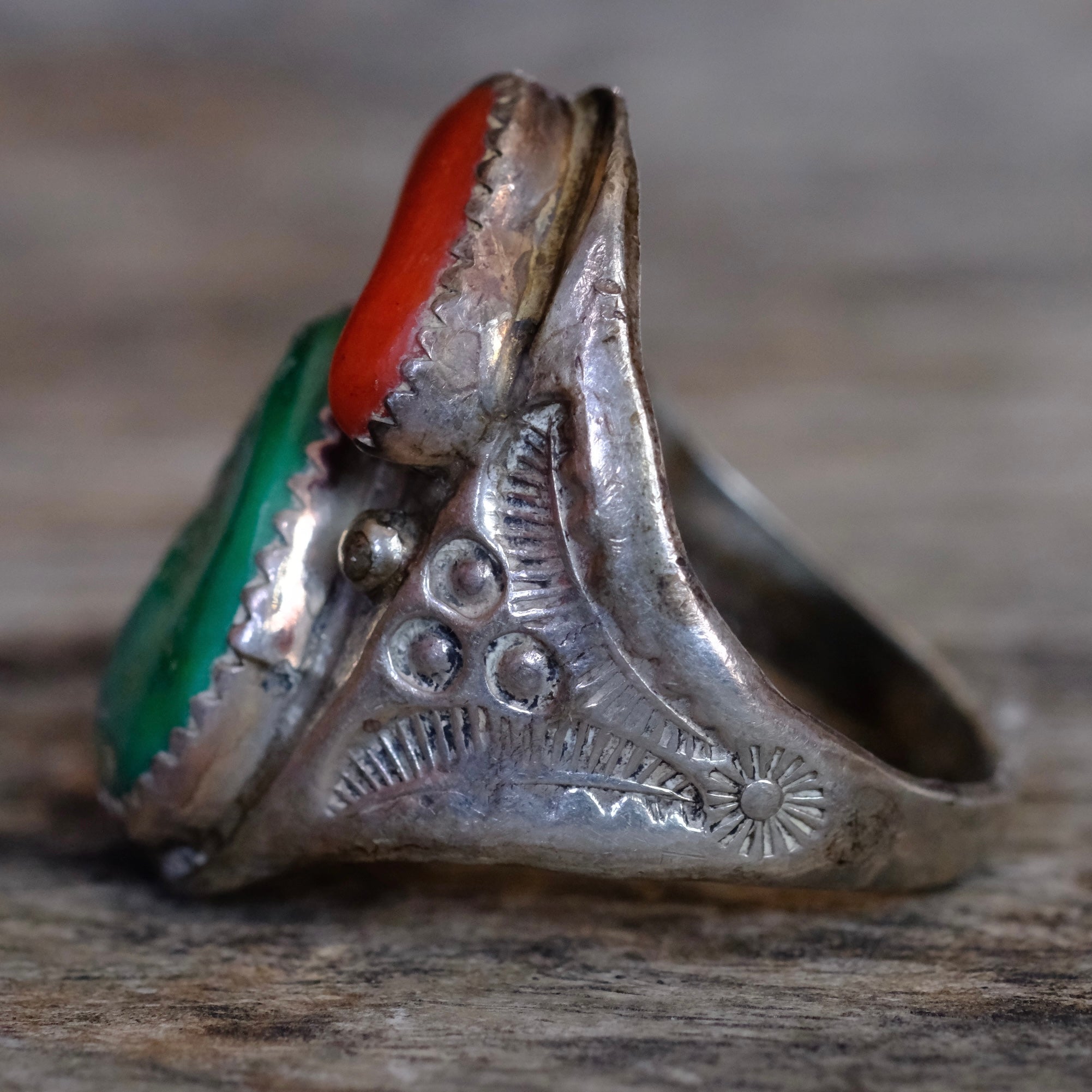 Vintage Sterling Turquoise and Coral Stamped Band Ring 11