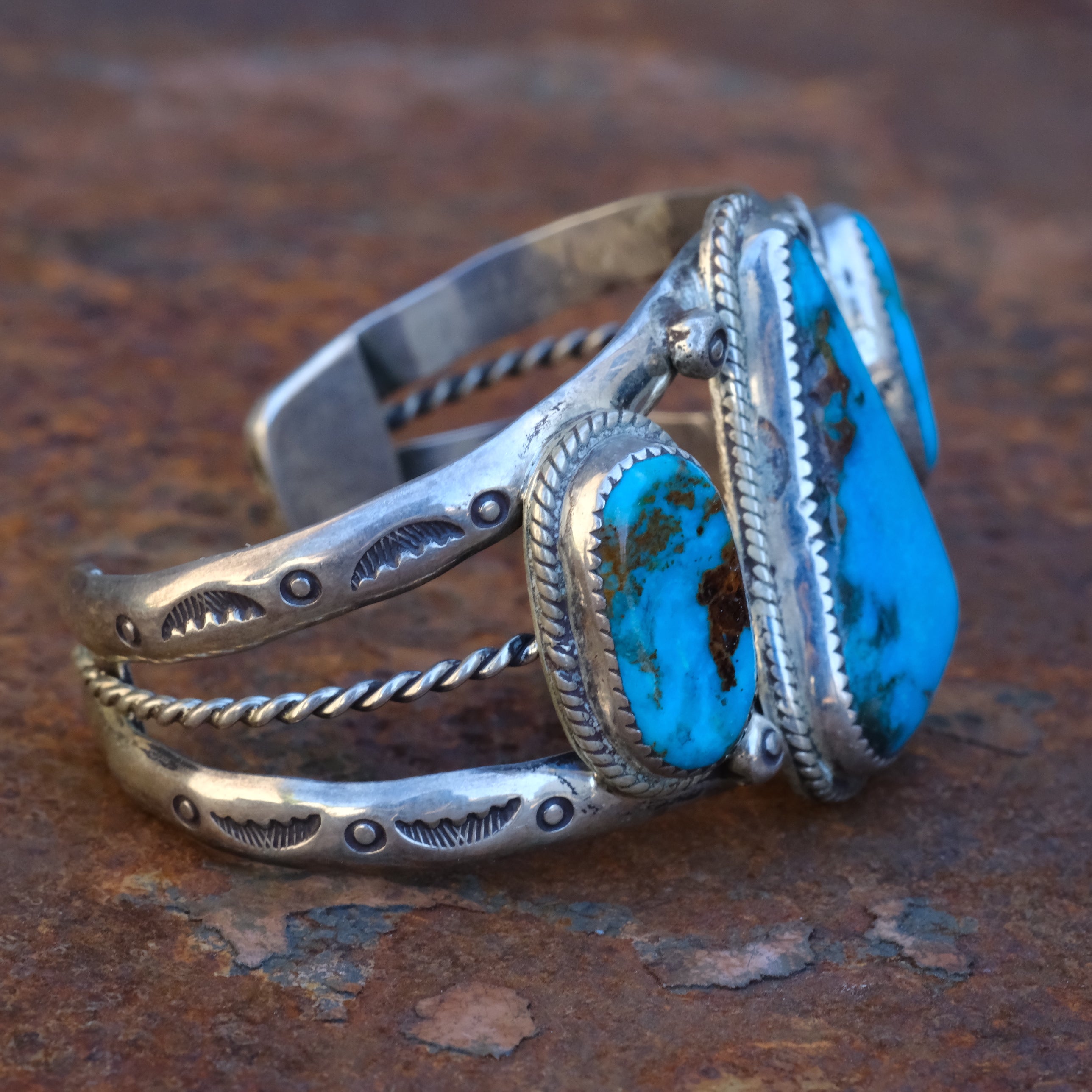 Huge Vintage Sterling 3-Stone Turquoise Cuff Bracelet