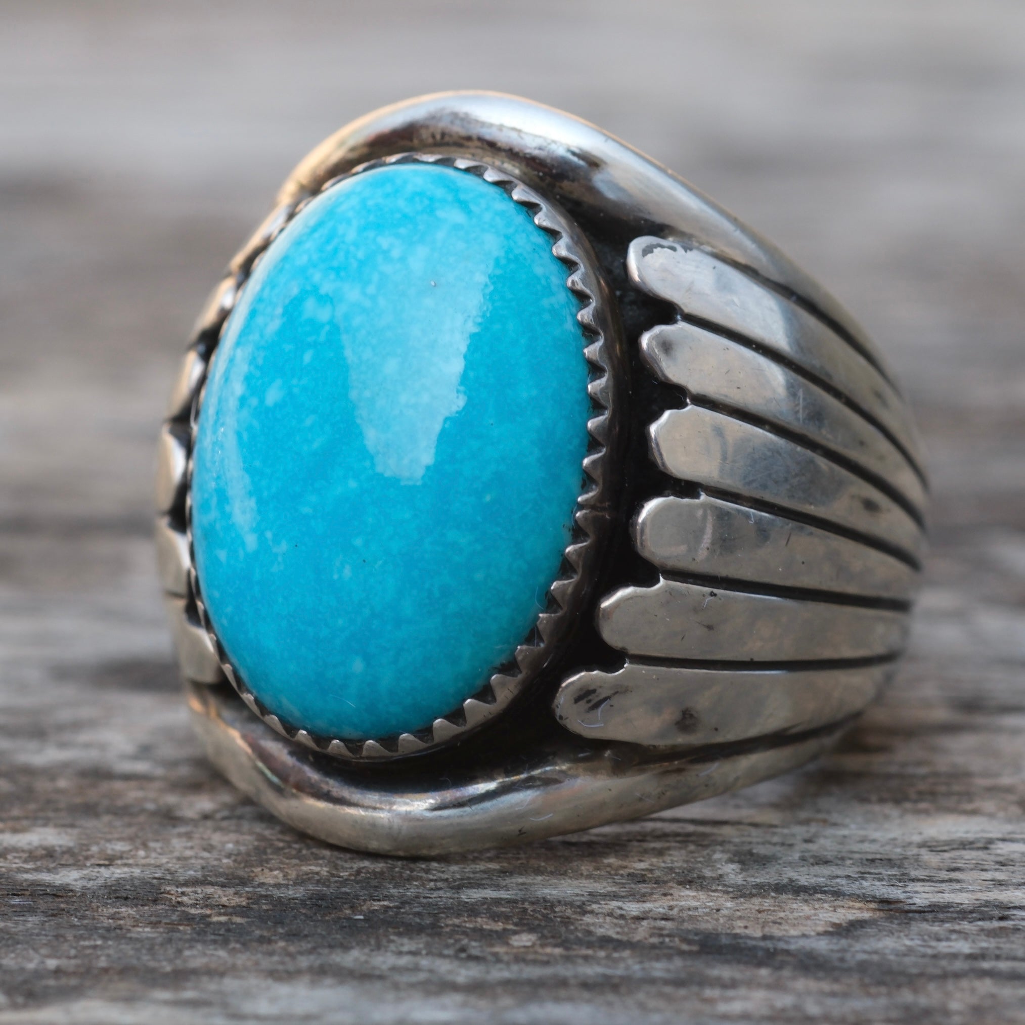 Vintage Sterling Turquoise Ribbed Band Ring 9.5