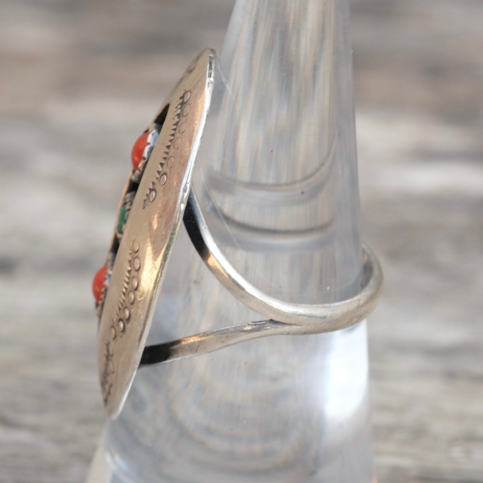Vintage Sterling Coral and Turquoise Stamped Shadowbox Ring 6.5