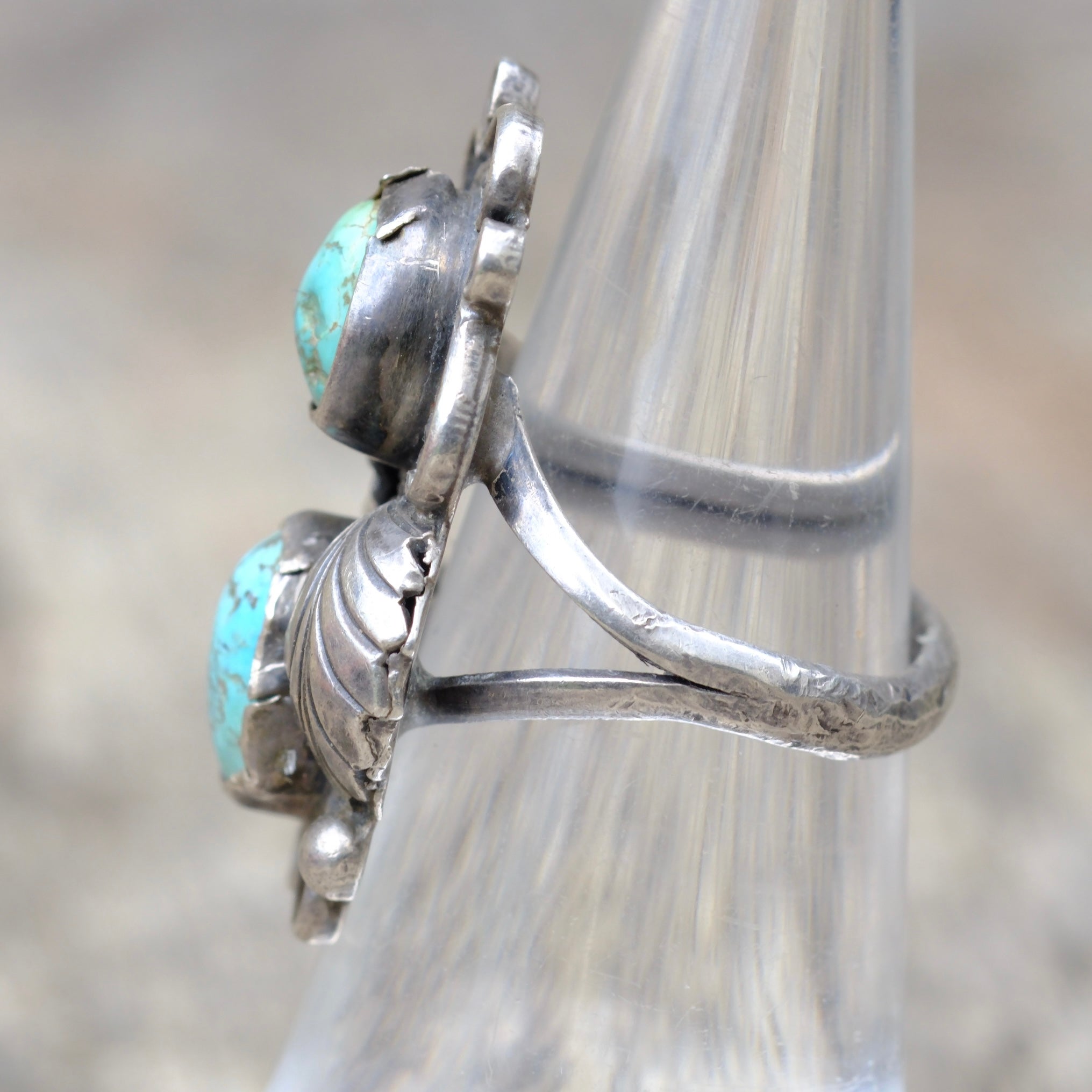 Vintage Sterling 2-Stone Turquoise Feather Ring 5.75