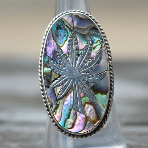 Vintage Sterling Abalone Sweet Leaf Ring 7.75
