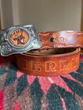 Vintage Hand Tooled Brown Leather ‘JERRY’ Belt with Stag Belt Buckle