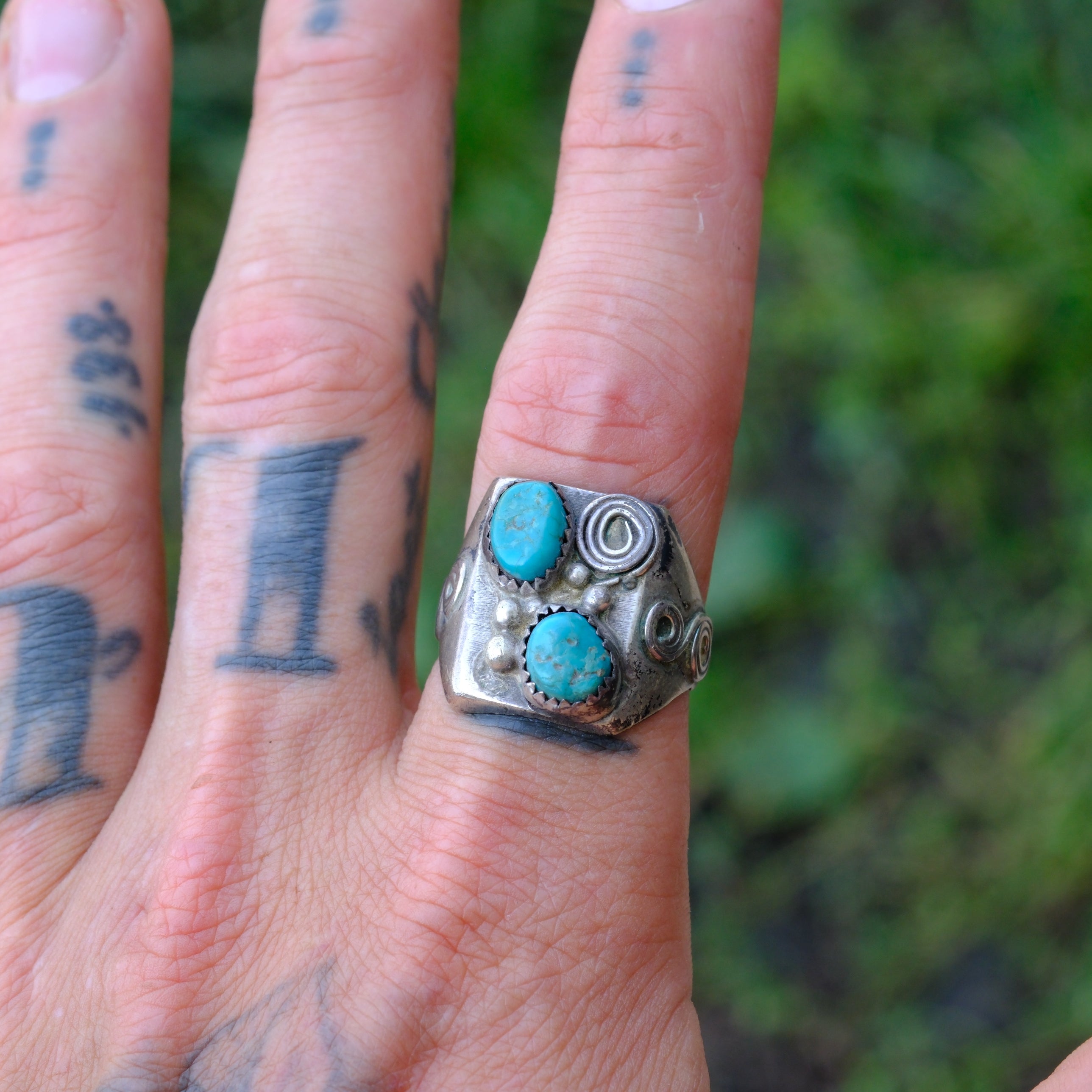 Vintage Sterling 2-Stone Turquoise Ring 10.5