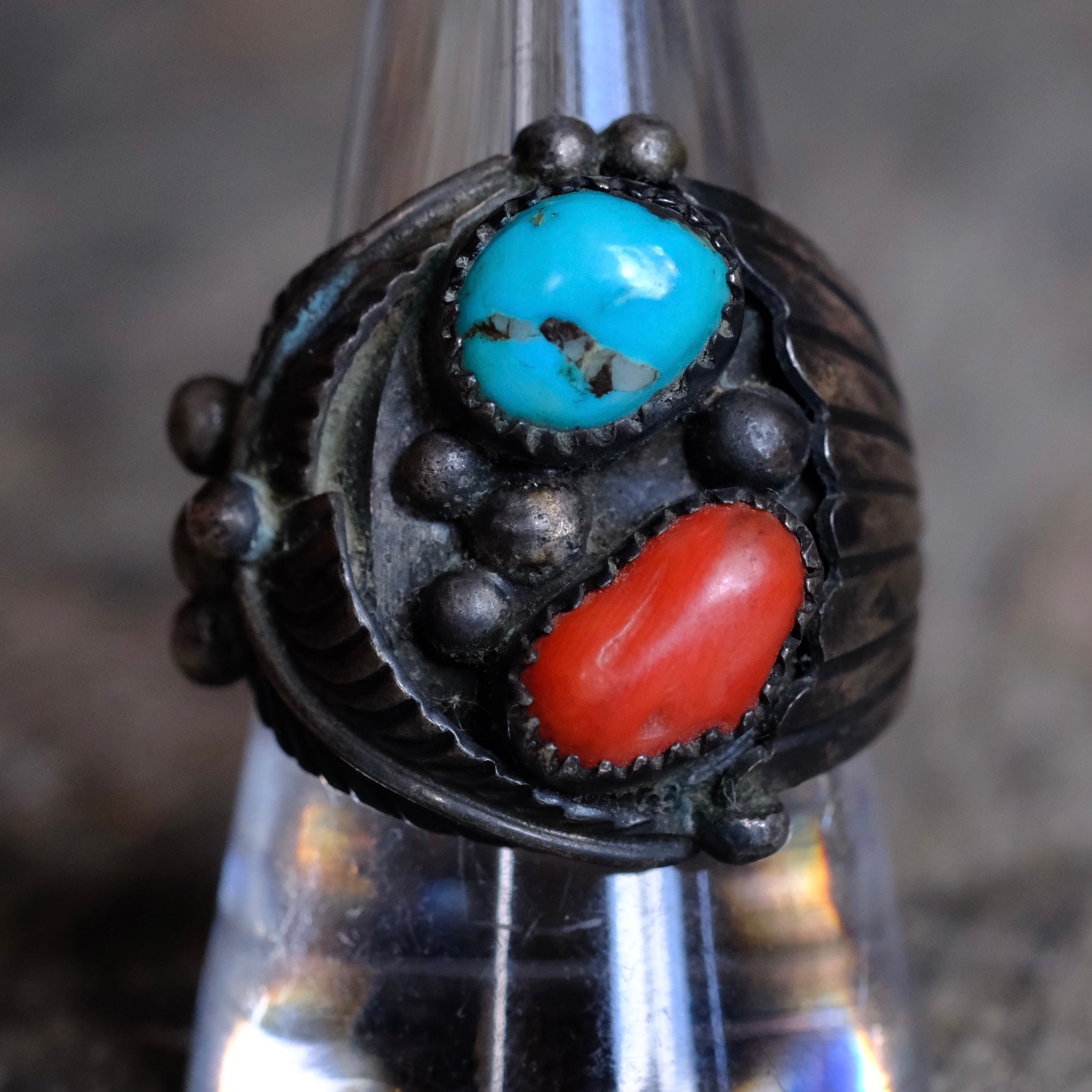 Vintage Sterling Turquoise and Coral Feather Ring 10