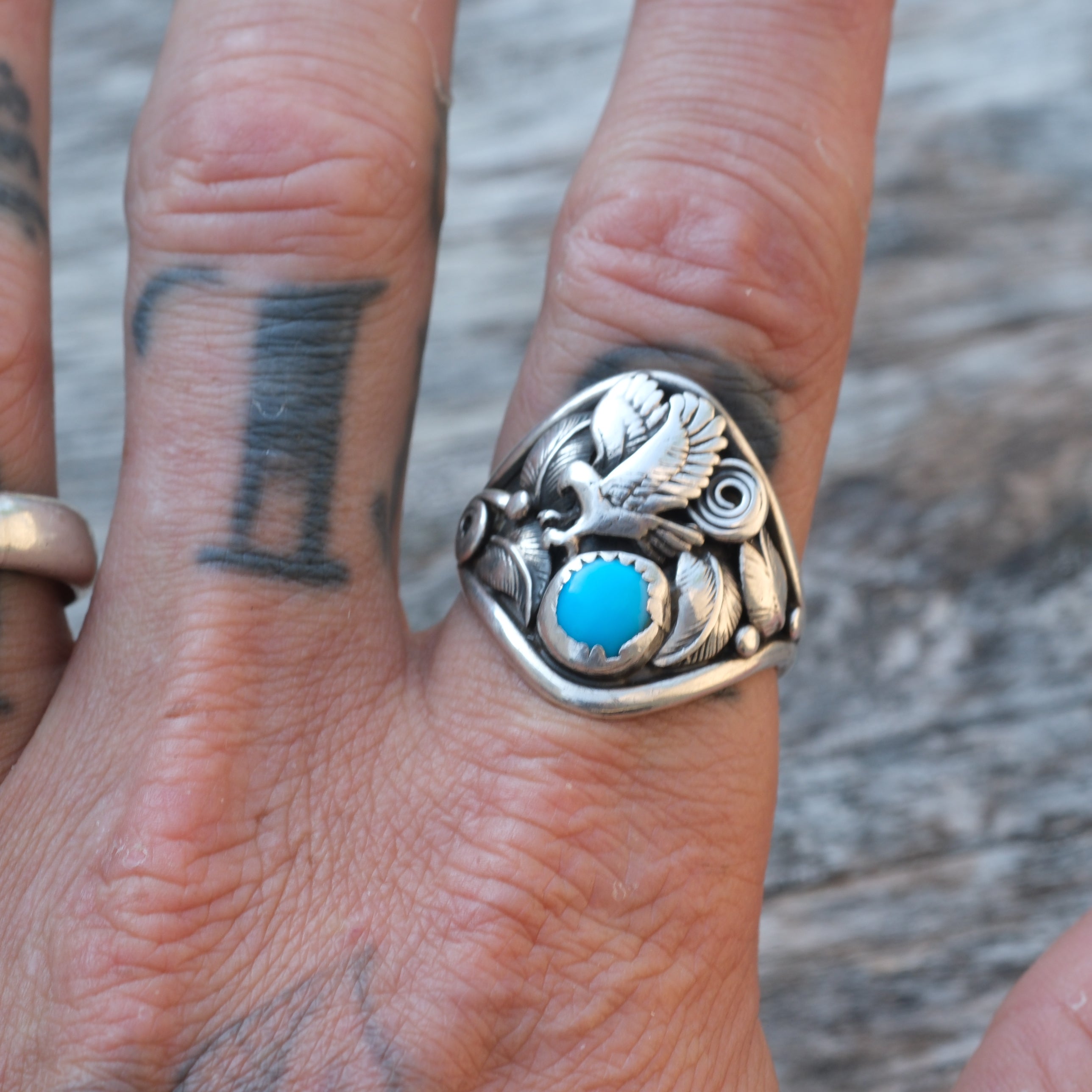 Vintage Sterling Turquoise Eagle Ring 9.5
