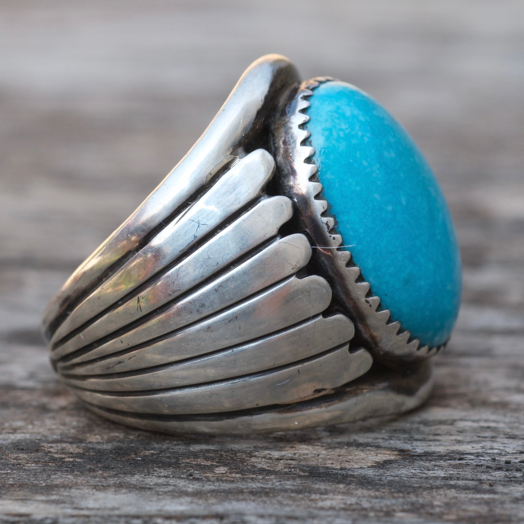Vintage Sterling Turquoise Ribbed Band Ring 9.5