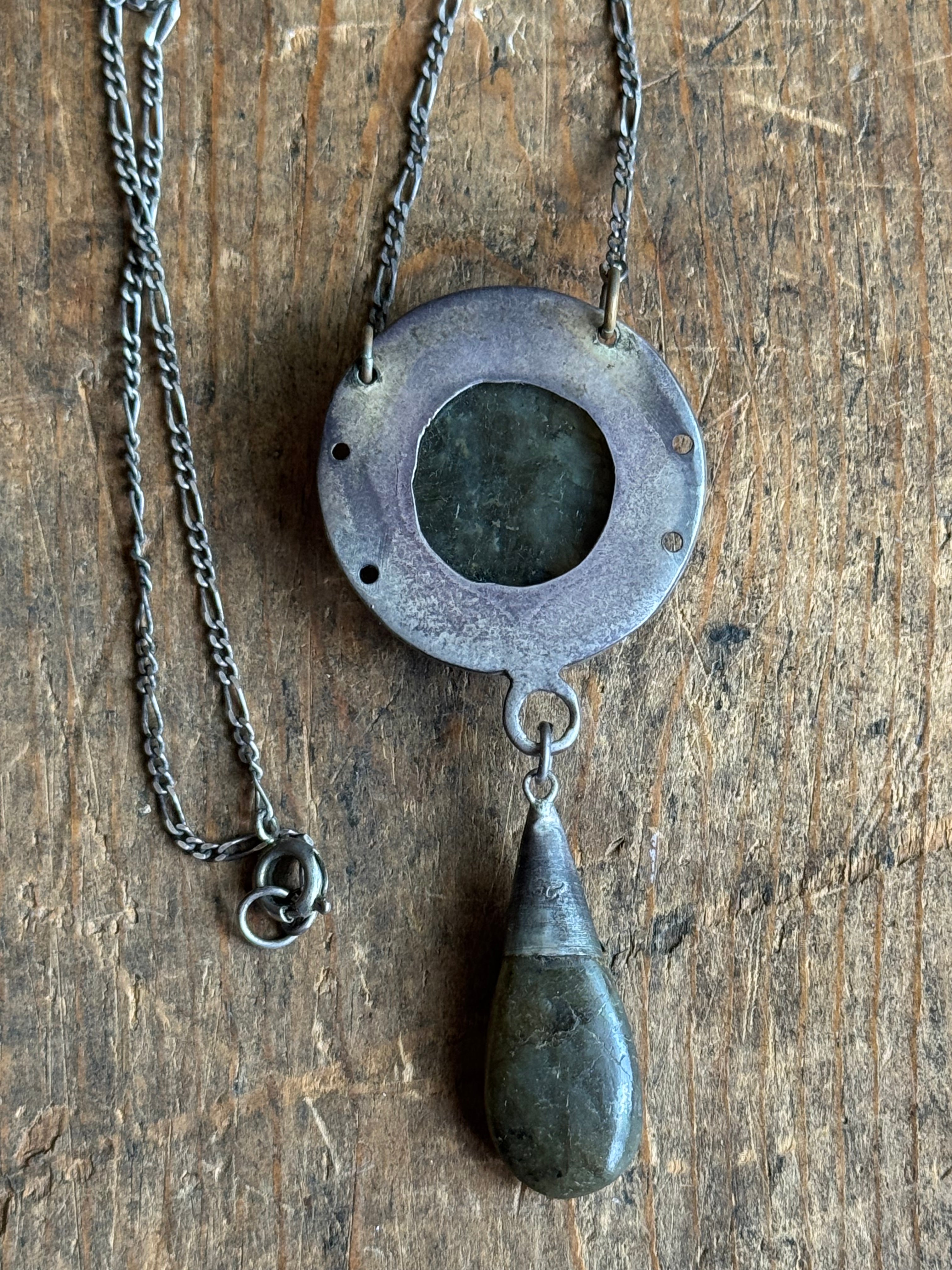 Vintage Sterling Silver Modernist Labradorite Teardrop Necklace