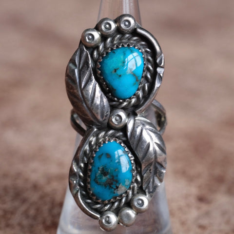 Vintage Sterling 2-Stone Turquoise Feather Ring 5