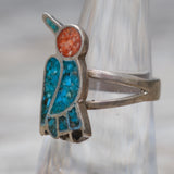 Vintage Sterling rushed Turquoise and Coral Inlay Bird Ring 6