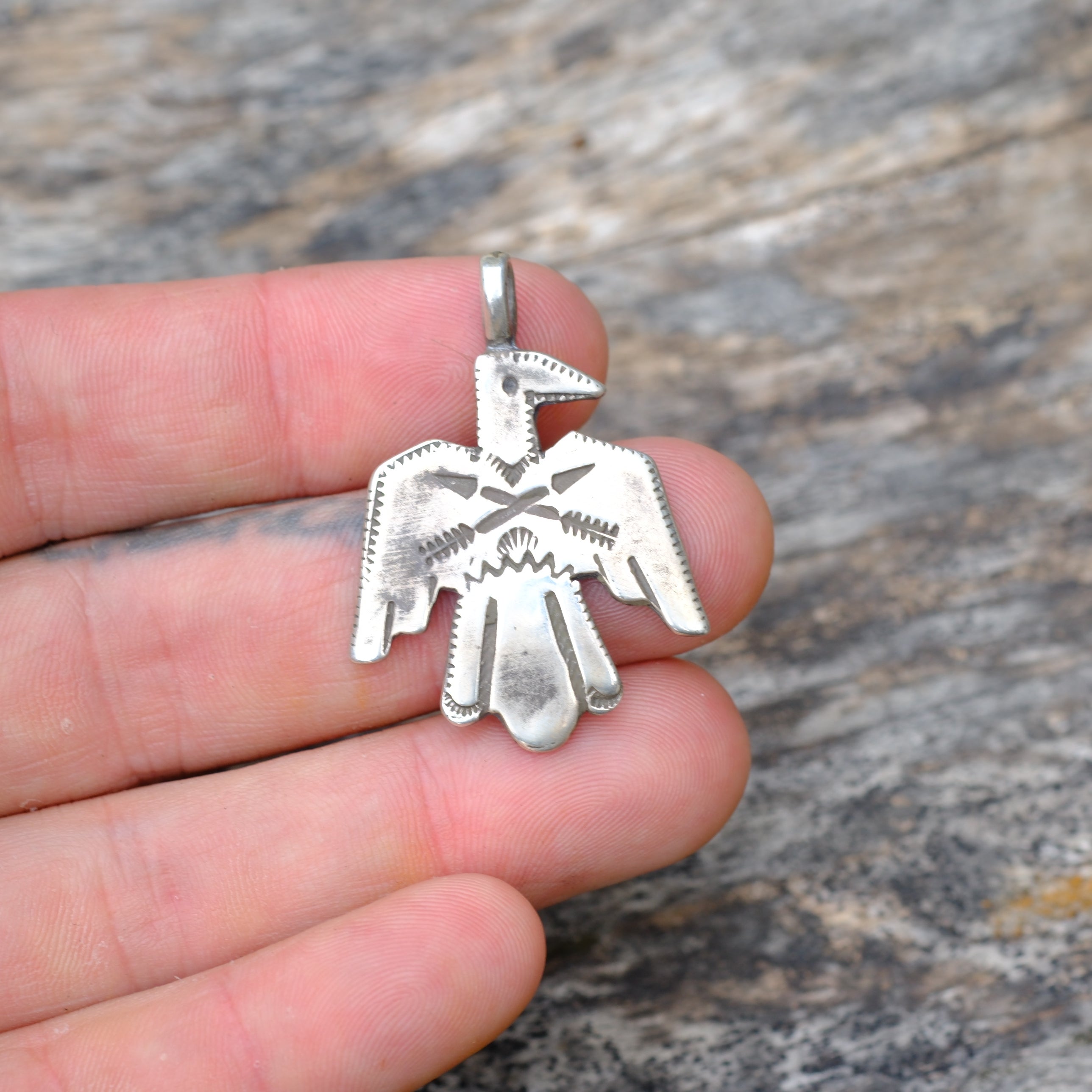 Sterling Silver Stamped Thunderbird Necklace