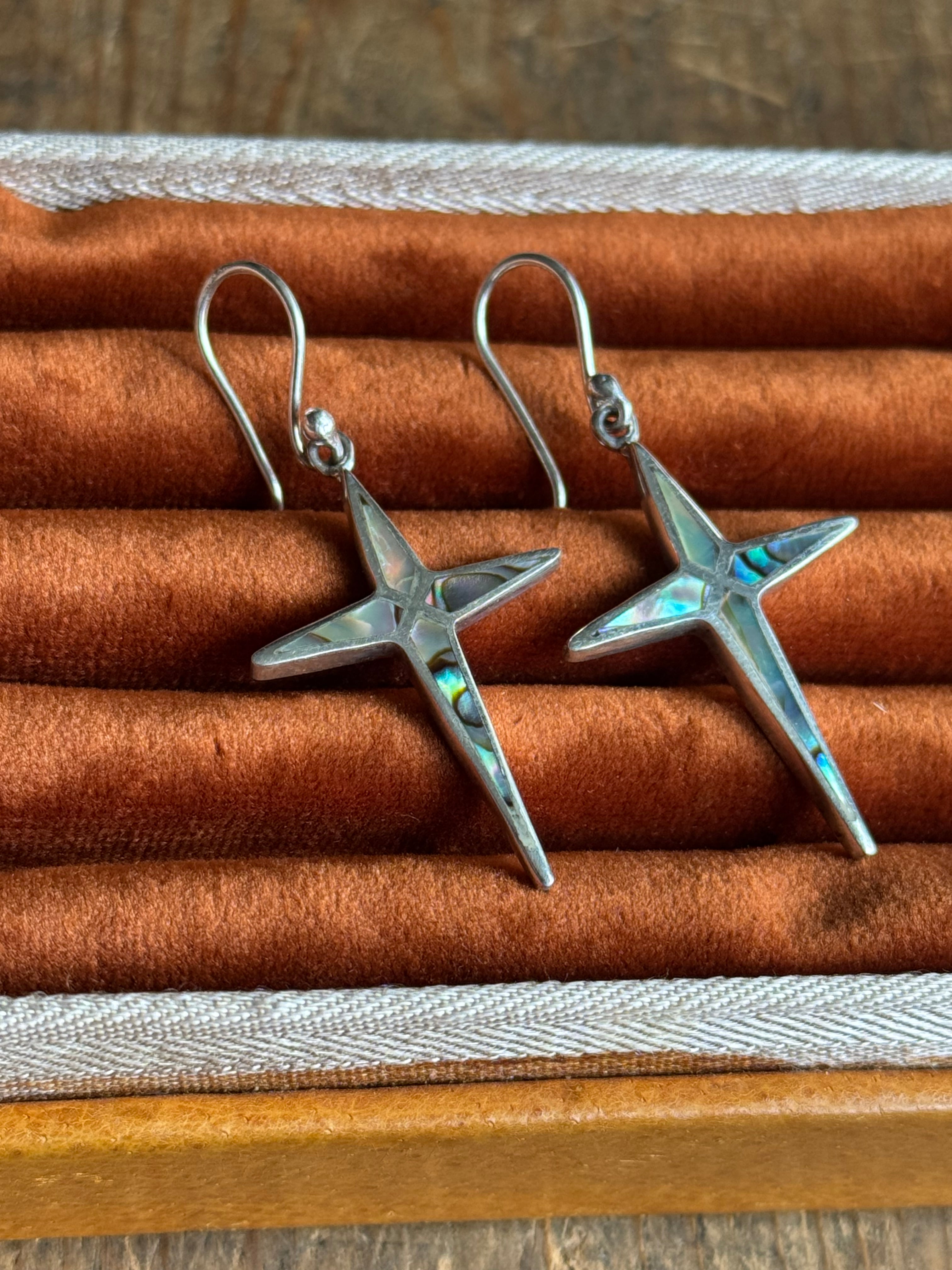 Vintage Sterling Silver Abalone Inlay Cross Earrings