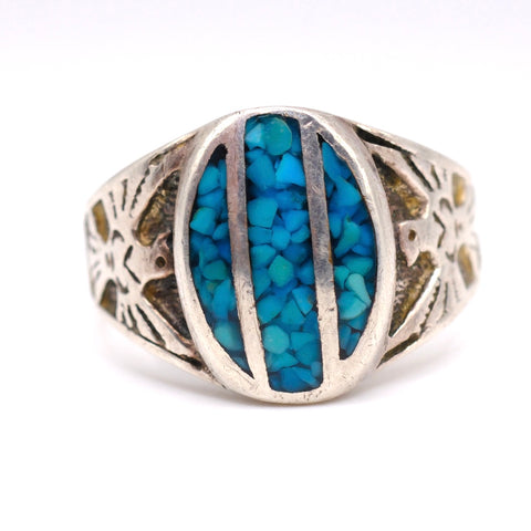 Vintage Sterling Crushed Turquoise Inlay Thunderbird Ring 13