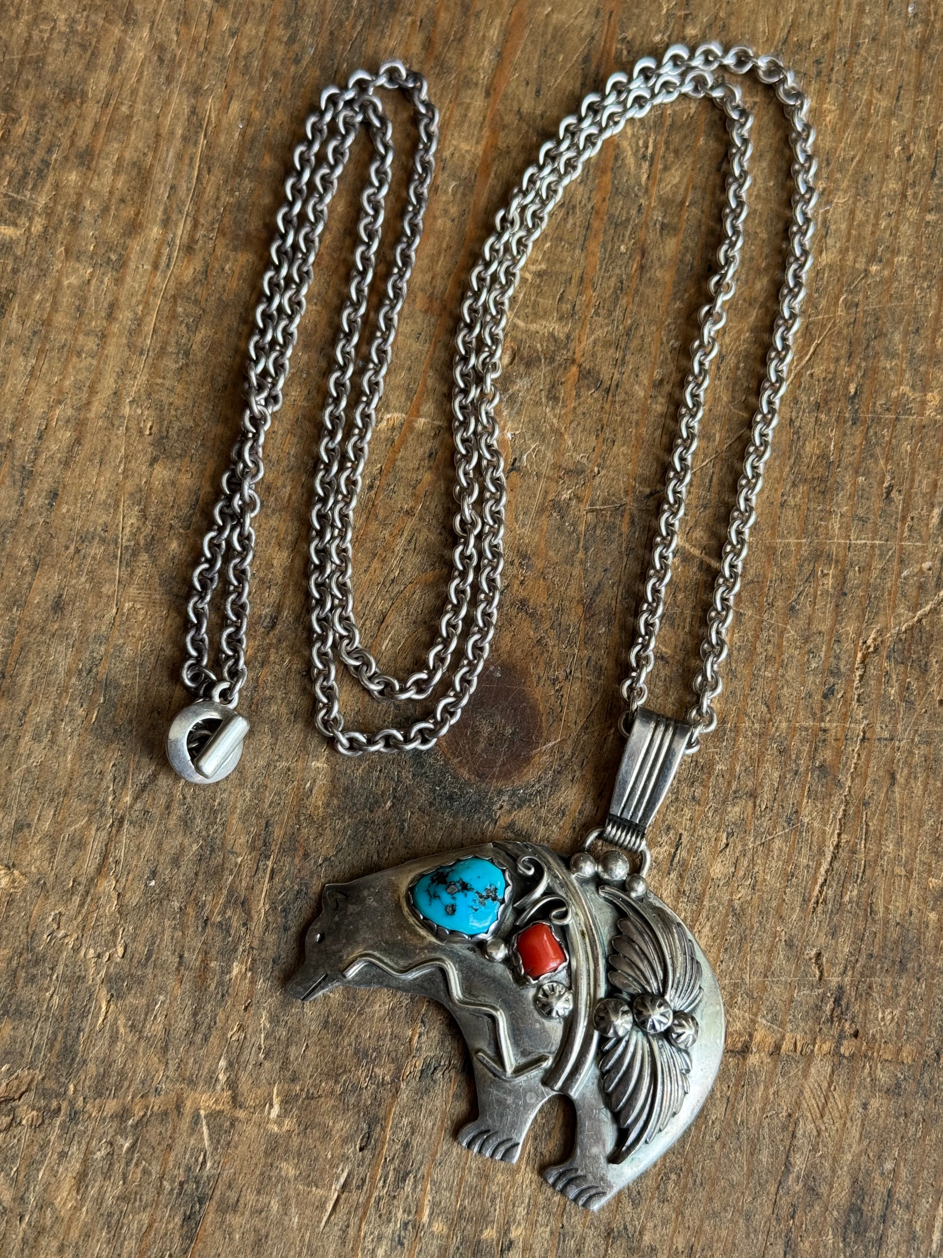 Vintage Sterling Silver Turquoise and Coral Bear Necklace