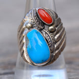 Vintage Sterling Turquoise and Coral Feather Ring 10