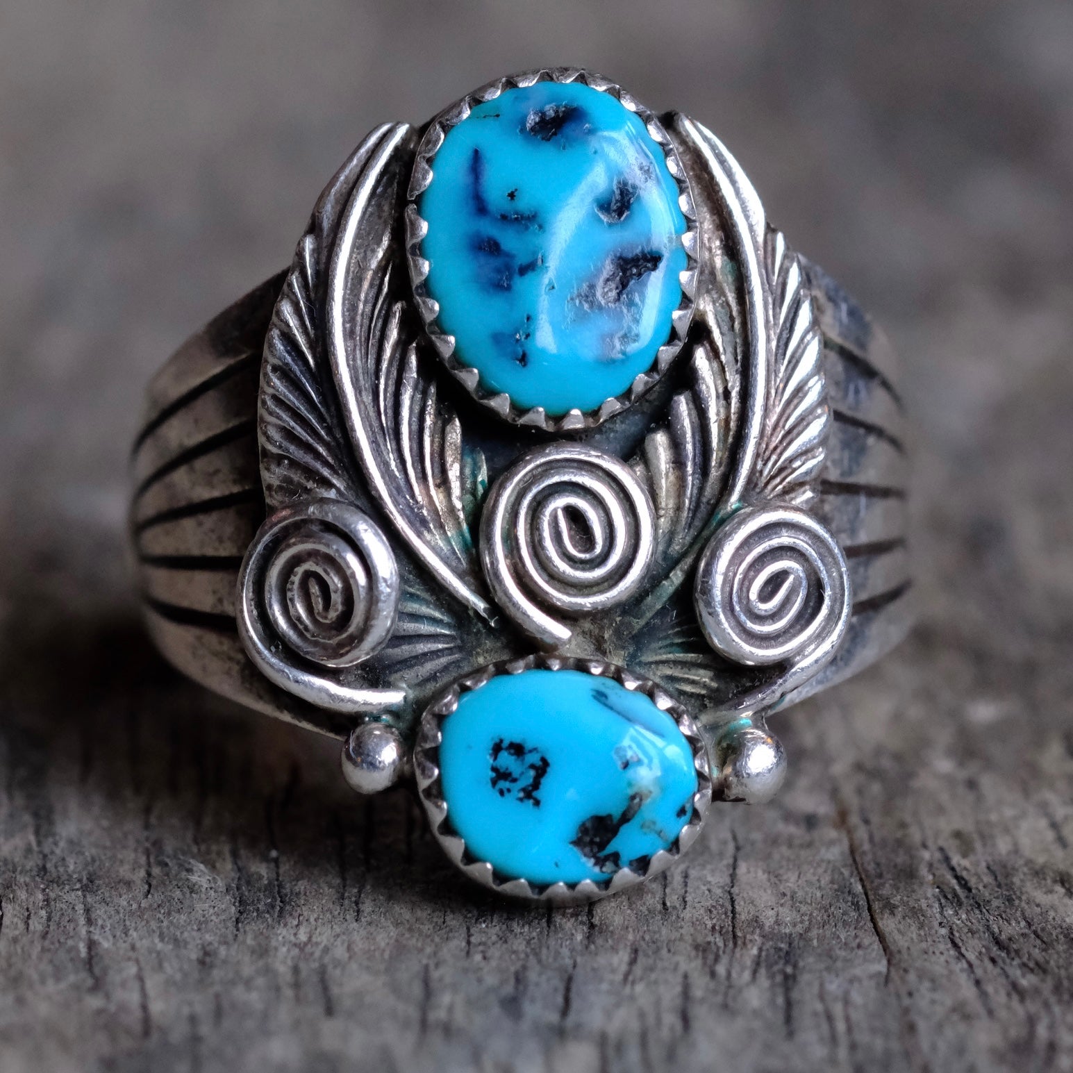 Vintage Sterling 2-Stone Turquoise Ring 10.75