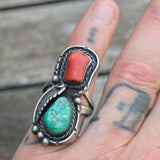 Vintage Sterling Turquoise and Coral Feather Ring 8