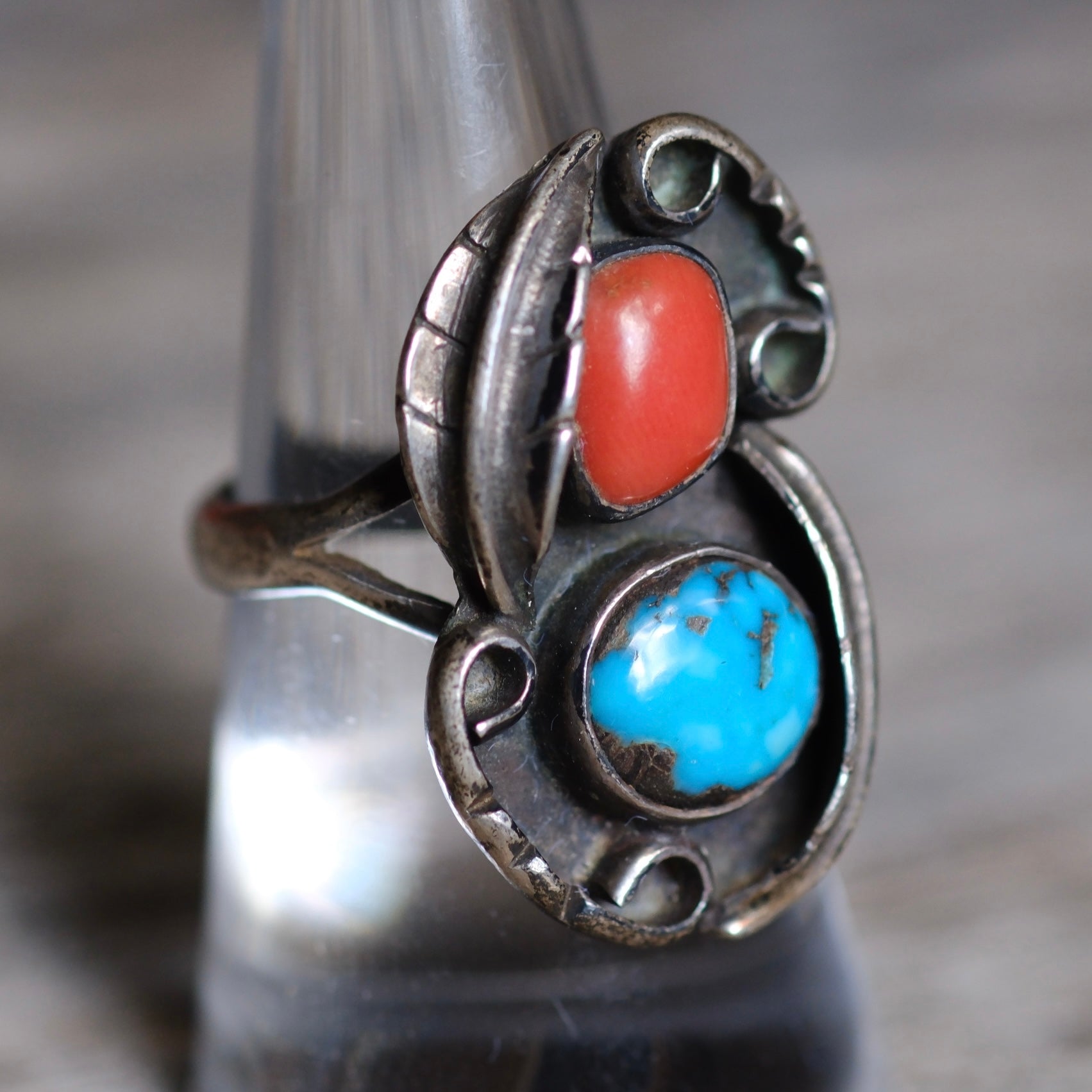 Vintage Sterling Turquoise and Coral Feather Ring 7.75